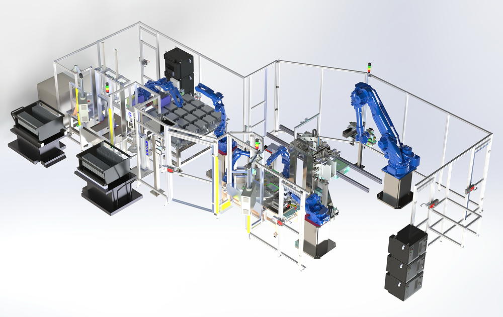 Battery modules assembly line - 3D CAD rendering